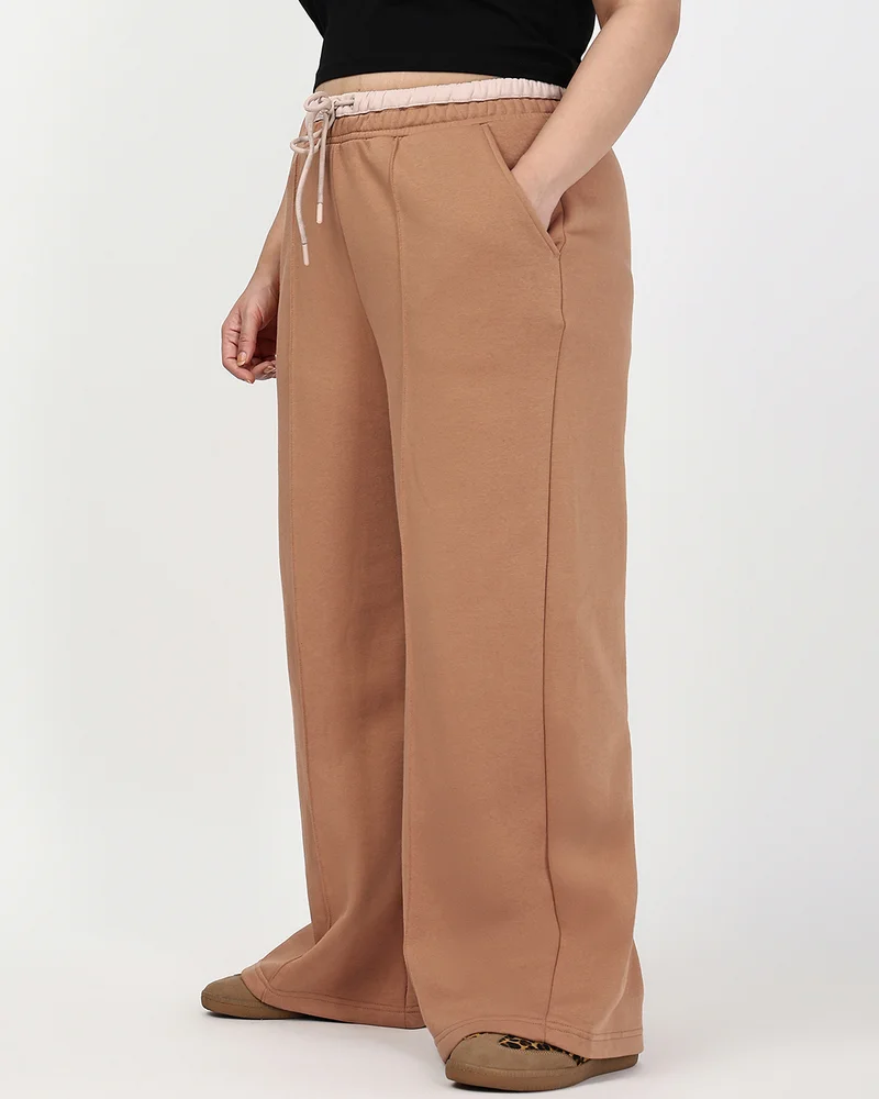 bewakoof Women's Camel Brown Wide Leg Plus Size Track Pants